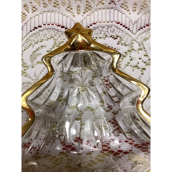 Vintage Christmas Tree Shaped Trinket Dish Clear Glass with Gold Trim - Picture 7 of 7